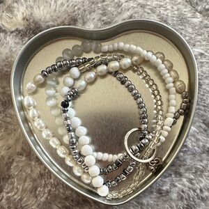 Chic Silver and White Beaded Bracelet Set